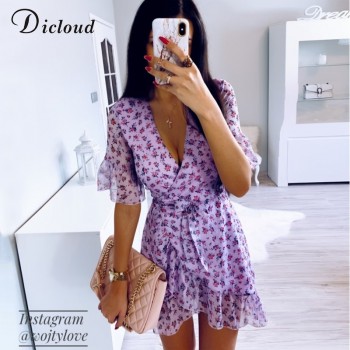 DICLOUD Women Lilac Floral Wrap Dress Summer Elegant Flare Sleeve Boho Print Mini Sundress Sexy V Neck Ladies Clothes 2020